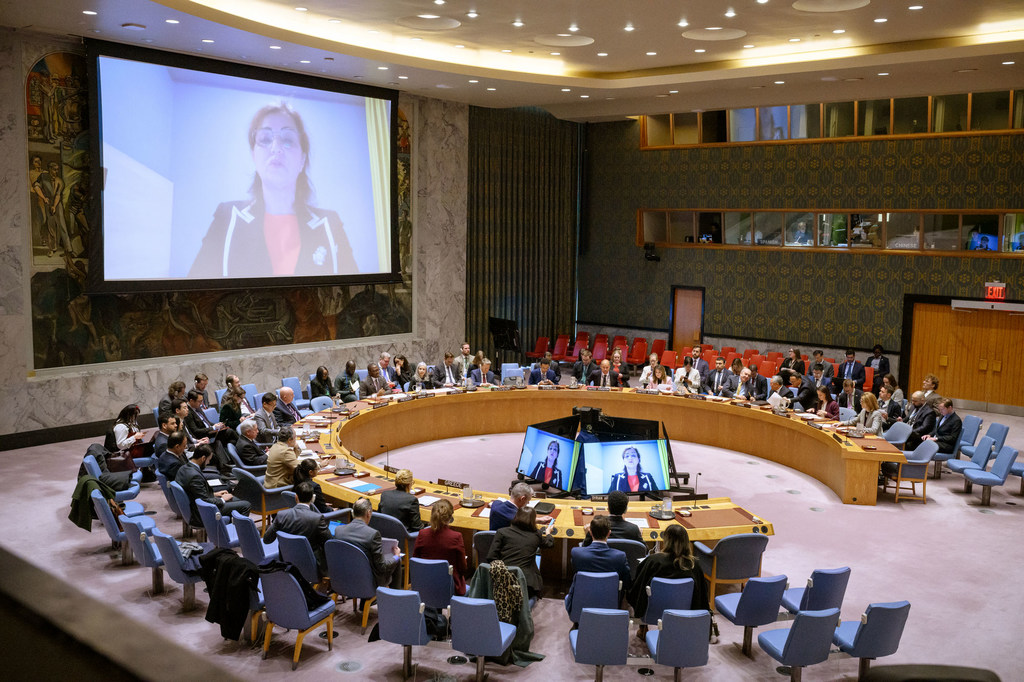 قاعة مجلس الأمن الدولي أثناء اجتماعه حول الوضع في سوريا. نائبة المبعوث الخاص إلى سوريا، نجاة رشدي (على الشاشة)، تُطلع الأعضاء على آخر المستجدات.